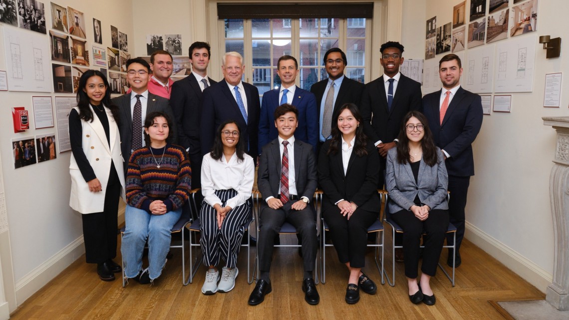 Cornell students pose with U.S. Secretary of Transportation Pete Buttigieg
