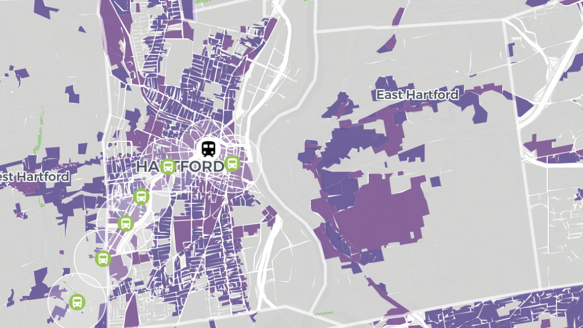 Purple and gray zoning map of Hartford with bus route highlighted