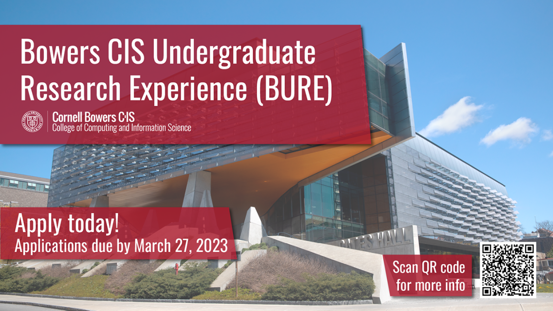The words Bowers Undergraduate Research Experience superimposed over a photo of Gates Hall with a QR code