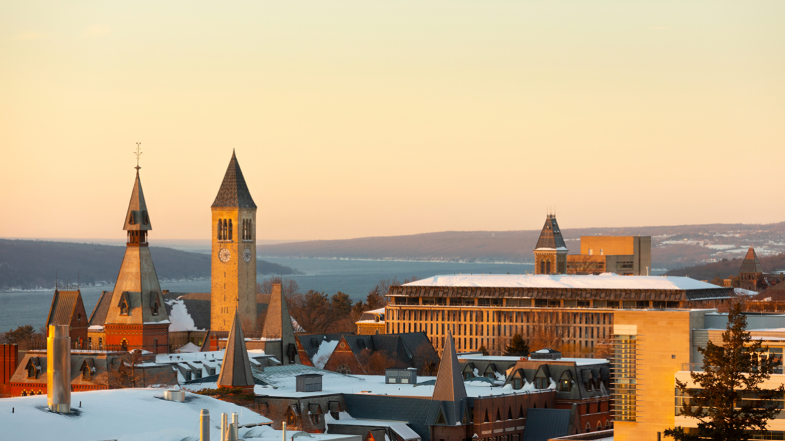 sunrises over a snowy ithaca campus