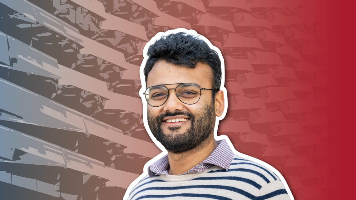 Eshan Chattopadhyay's head superimposed over a red-tinted background of the Gates building.