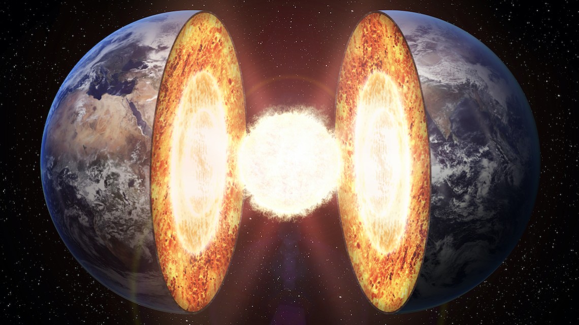 artists rendering showing earth split in two and its core exposed