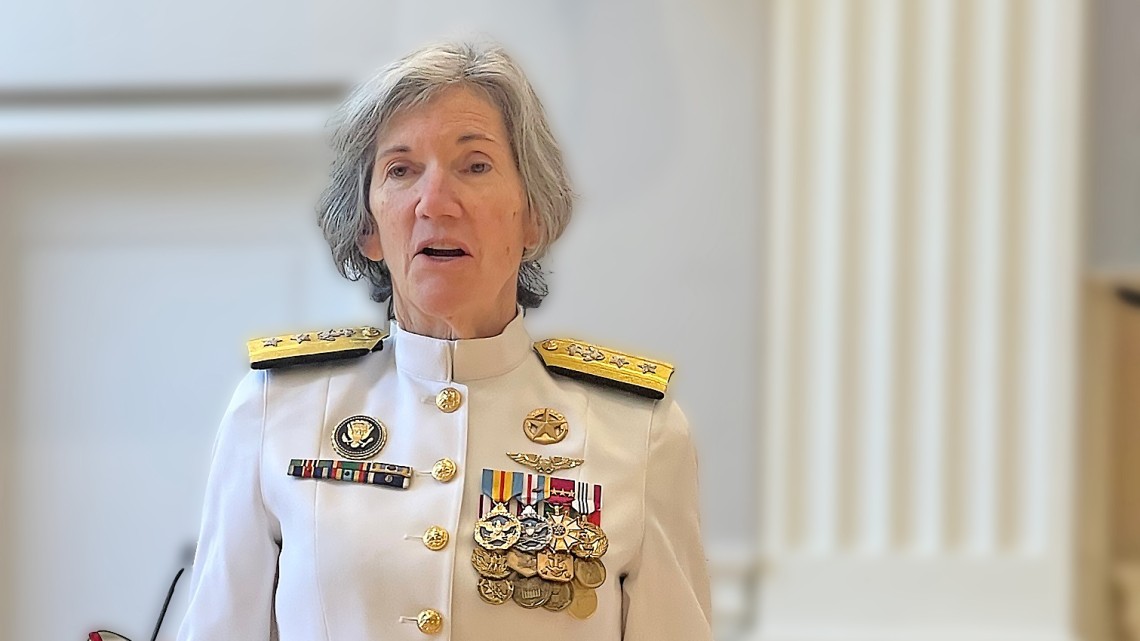 Rear Admiral (ret) Margaret Klein in uniform, speaking