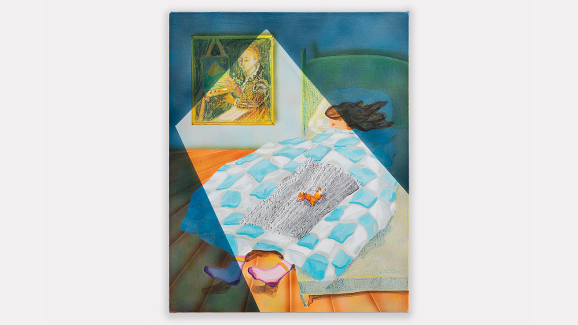 Artwork of a woman sleeping in a bed with a ray of moonlight beaming across the quilt