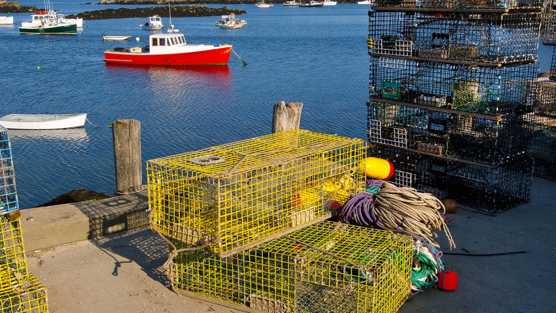 Lobster traps on a pier in Maine