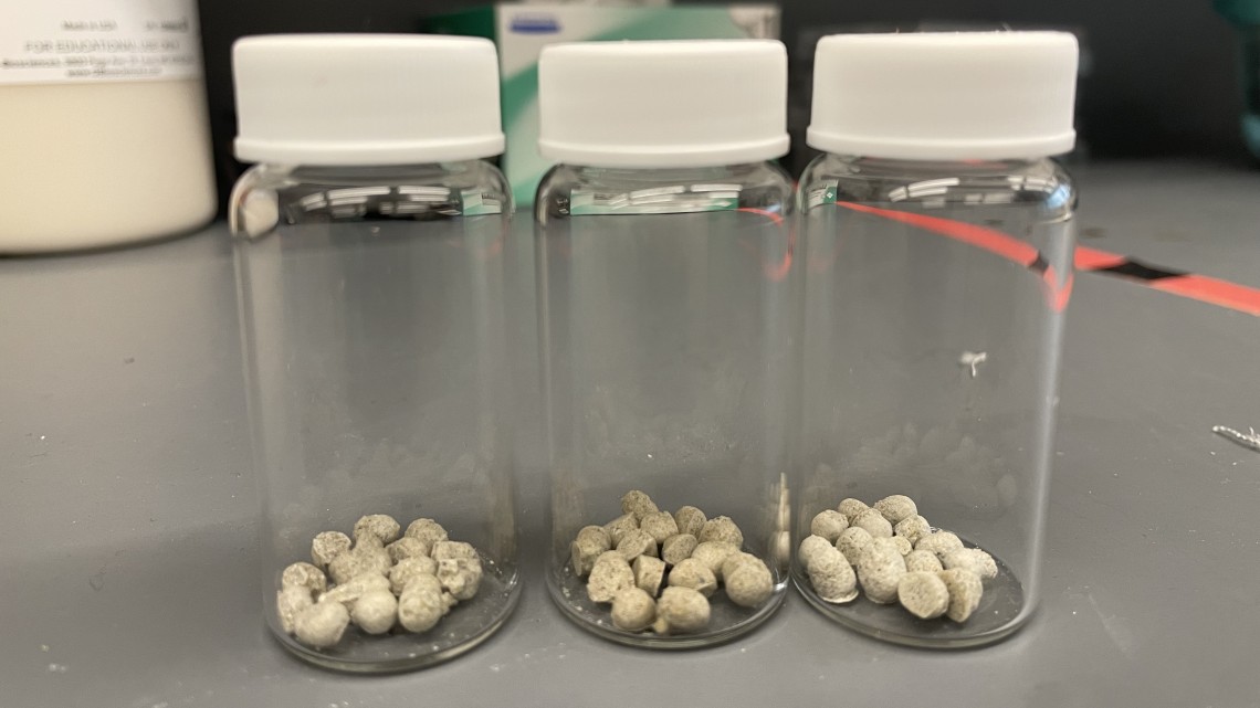 pellets inside three glass jars