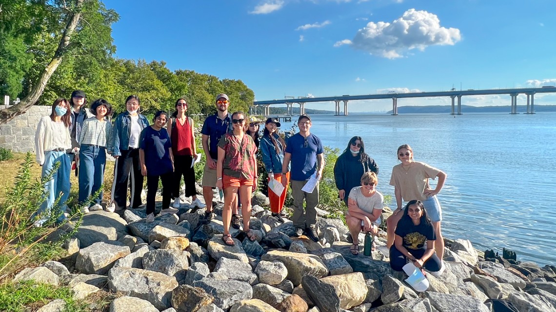 Students in the Climate-adaptive Design studio take a break from their research survey last fall at Tarrytown, New York.