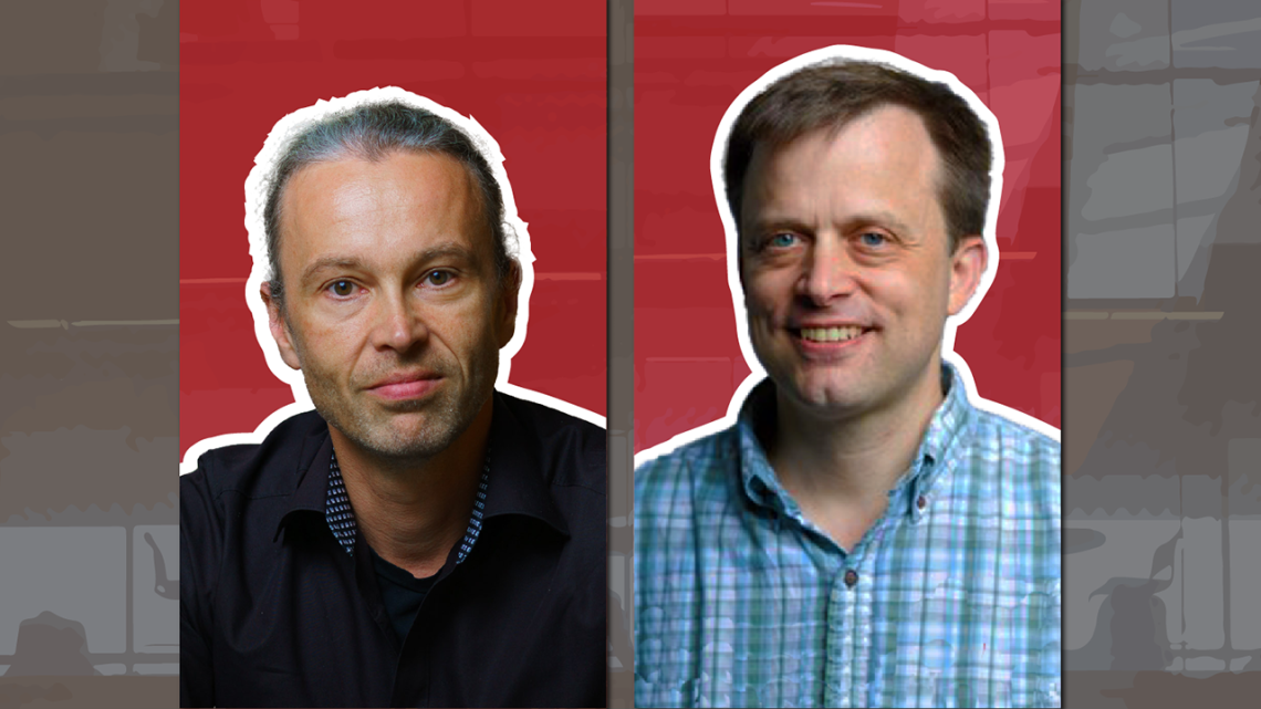 Portraits of Thorsten Joachims and Andrew Myers superimposed over a stylized brown and red background.