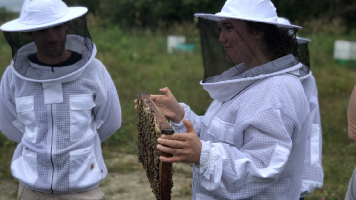 Jordan Roth in a beekeeping suit holding honeycomb at her summer internship with UBEES