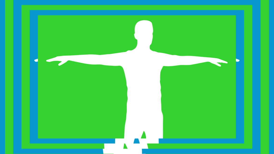 White figure with arms outstretched against a blue and green background.
