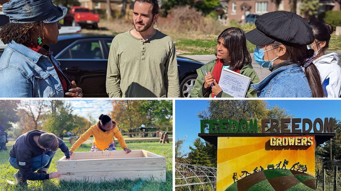 Collage of images of students speaking with woman in a denim shirt, building garden containers, and a sign for Feedom Freedom Growers