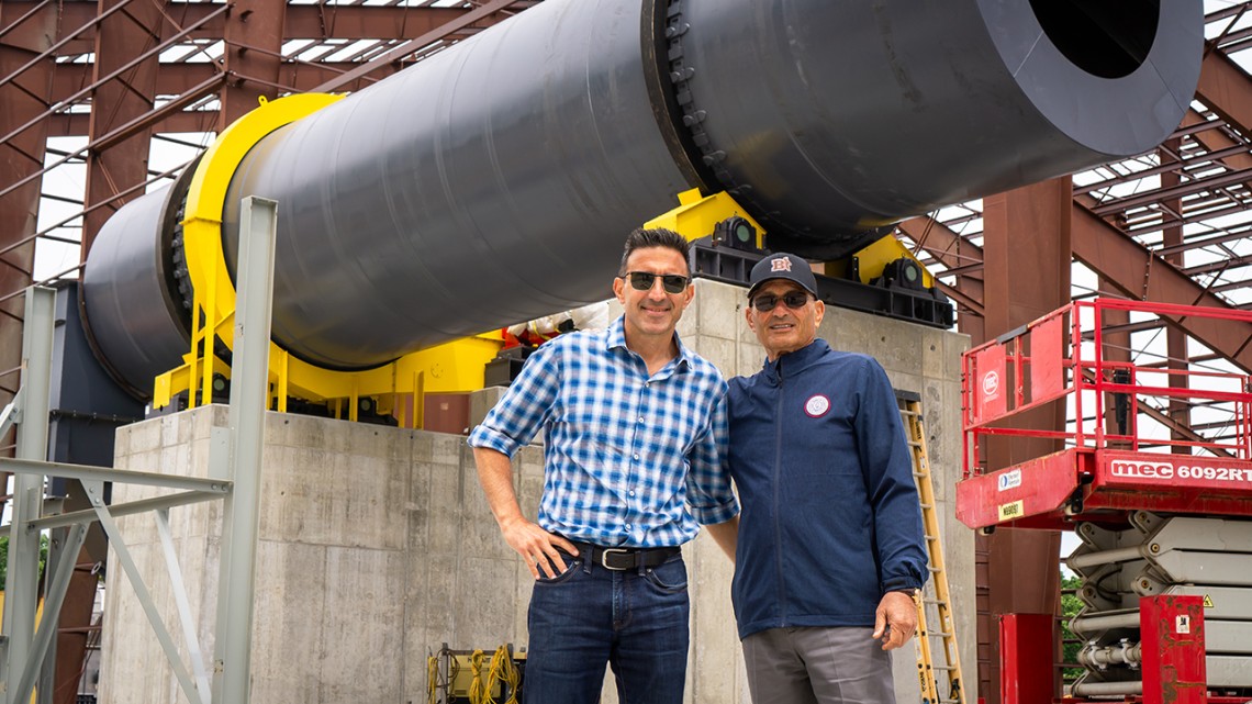 Jeremy Brunner ’94 and his father during the construction of the new Espoma Company facility in Pennsylvania.