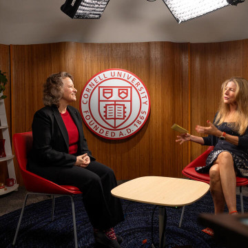 Cornell behavioral economist Suzanne Shu, left, and Cornell Chronicle writer Laura Reiley discuss "Why Don't We Do the Things We Know We Should?" in the first episode of season two of the Research Matters video podcast series.