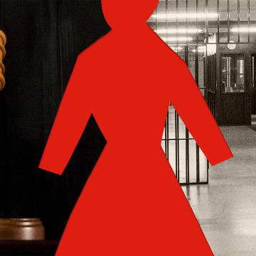 Illustration of a judge using his gavel on the left side and a photo of jail cells on the right side with the cutout of a woman separating the two photos
