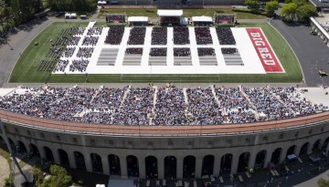 An aerial view of the Commencement ceremony in Schoellkopf Field.