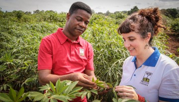 Hale Ann Tufan inspects a cassava plant with Chiedozie Egesi