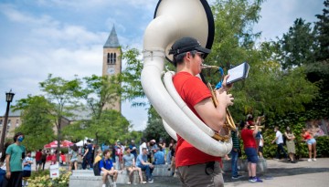 The Big Red Band performs on Ho Plaza during student move-in days.