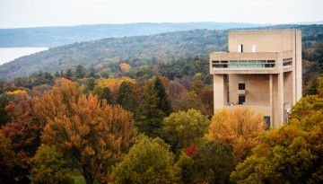 The Herbert F. Johnson Museum of Art sits atop a blanket of fall colors on East Hill.
