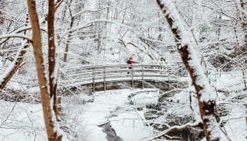 A student crosses a snowy bridge on the Cascadilla Gorge Trail.
