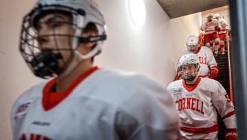 Cornell players take the ice before the men’s ice hockey game between Harvard.