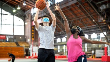 Students get a workout during basketball class in Barton Hall.