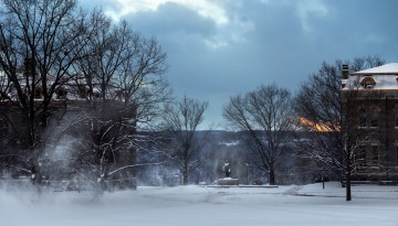 Snow blows across he Arts Quad after a late winter storm.