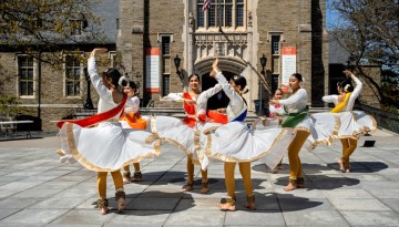 Members of Cornell Nazaqat, an Indian classical dance team perform on Ho Plaza. The style of dance is called kathak.