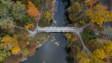 Fall colors book end Sacket Bridge at Beebe Lake.