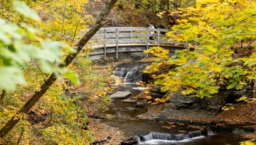 A student walks to class on the Cascadilla Gorge trail.