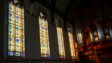 Stained glass windows in Anabel Taylor Hall.