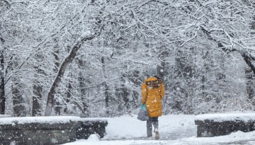 A student walks towards the Engineering Quad in a snowstorm.