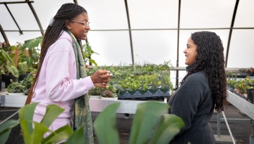 Members of Hortus Forum, a horticulture club, work in a Kenneth Post Laboratory greenhouse.