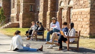 Students study on the Arts Quad on the first day of Spring.