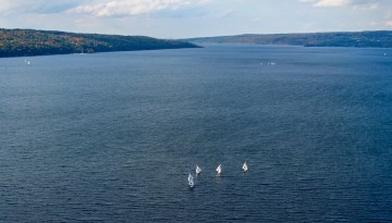 Members of the Cornell Sailing team practice on Cayuga Lake