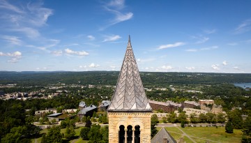 A newly refurbished McGraw Tower stands proudly above the city of Ithaca.