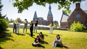 Pre-college architecture students work on drawings of Sage Chapel on a summer morning.