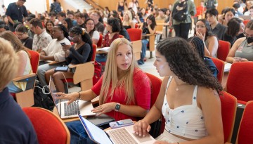 Students attend the first day of classes for the fall semester.