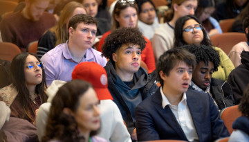 Students listen to an alumni panel discussion during the Pathways to Purpose class in Statler Hall