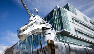 The unicorn awaits the dragon on the Engineering Quad. 