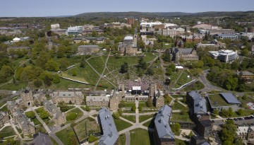 An aerial view of campus and the crowd on Libe Slope.
