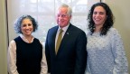 New York State Partners in Policymaking graduates Leslie Feinberg, left, and Ashley Gazes, right, are pictured with state Assemblyman Charles Lavine, D-13th